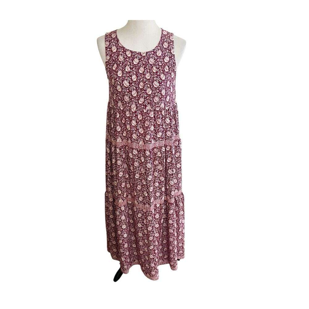 Max Studio Tiered Floral Maxi Dress Size Small Maroon Sleeveless Prairie Boho